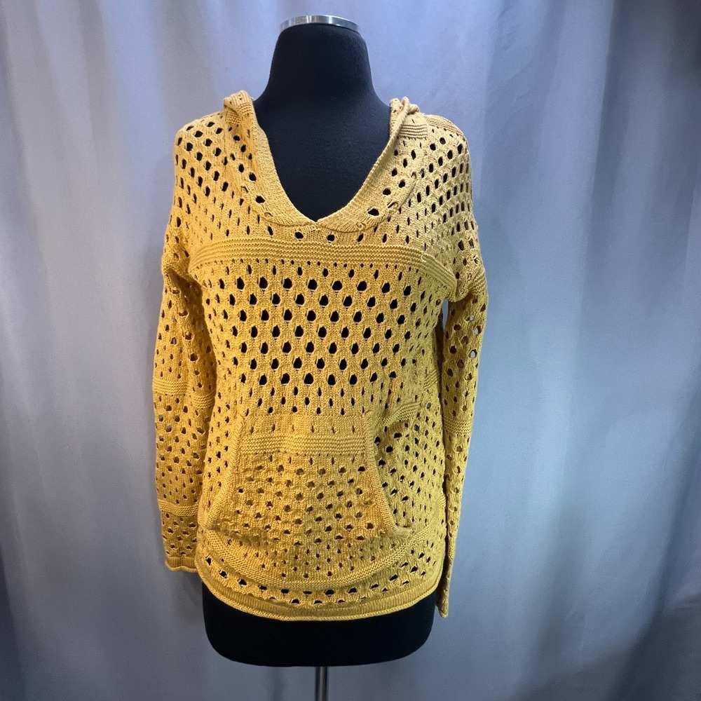 Rock & Roll Cowgirl Crochet Hoodie Womens Small Beige Knit Kangaroo Pockets